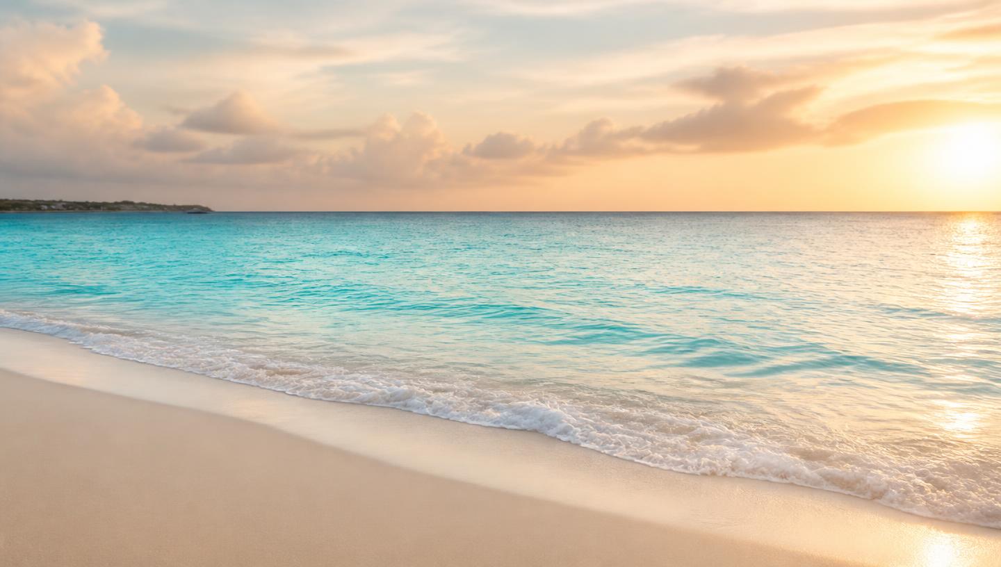 Peaceful Aruba coastline at sunset with calm turquoise waters