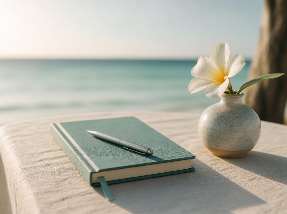 Journal and pen on a linen tablecloth with a single tropical flower